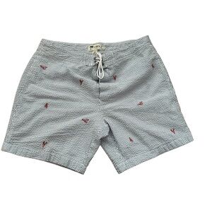 J. Crew Seersucker Lobster Embroidered Shorts/ Swim Trunks 7” inseam 34 lined